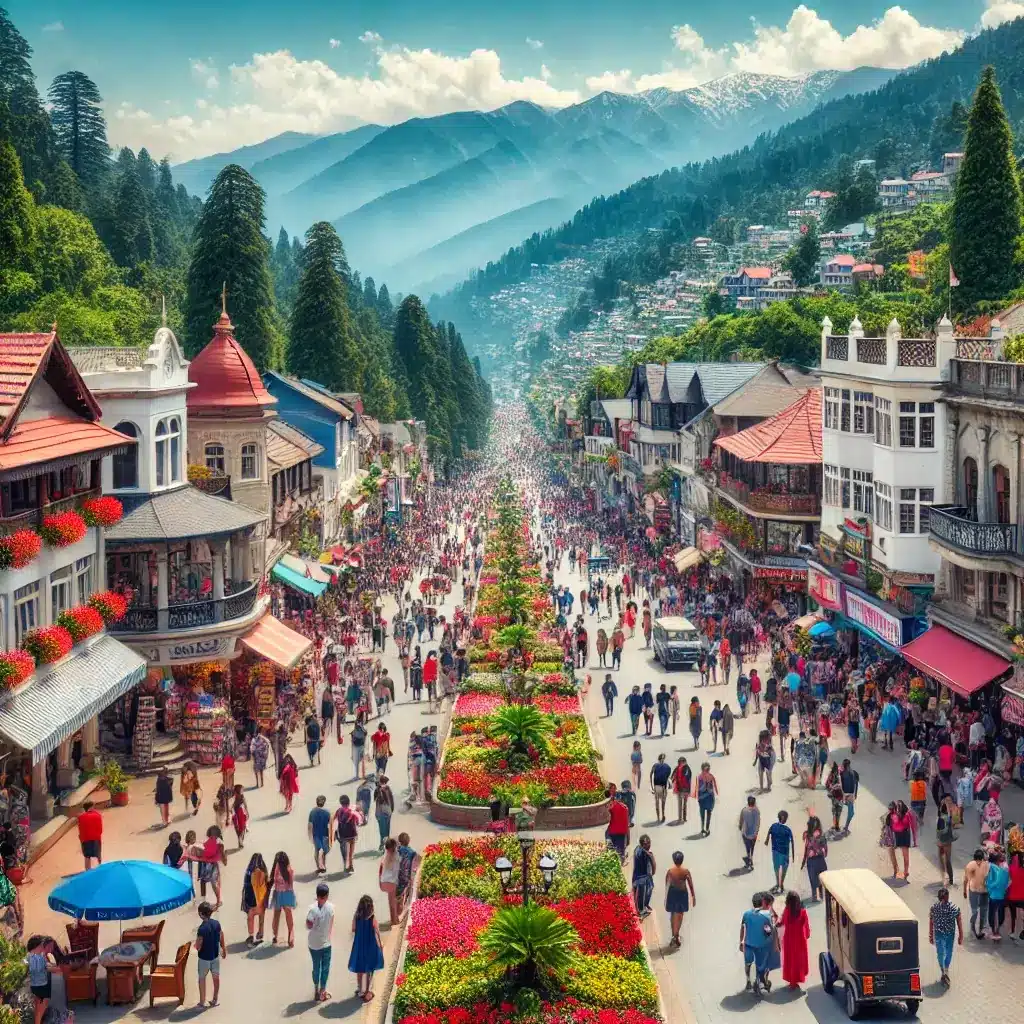 A lively summer scene in mussoorie showing tourists exploring mall road, bustling with vibrant shops and cafes, colorful flower beds lining the street