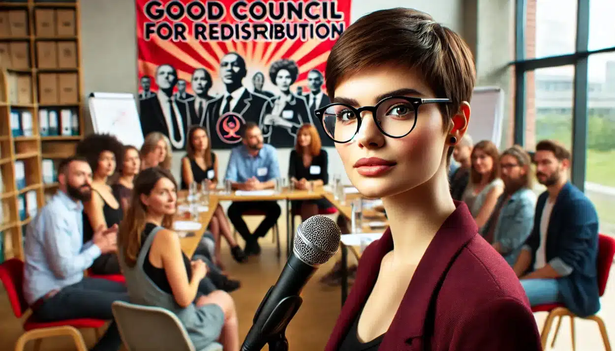 This image shows austrian heiress marlene engelhorn addressing a diverse group of people, with a banner reading 'good council for redistribution' in the background, capturing the collaborative and democratic atmosphere of her initiative.