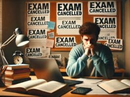 This image represents a student looking distressed, surrounded by books and notes, with 'Exam Cancelled' and 'Protest' posters in the background, capturing the essence of the situation described in the article.