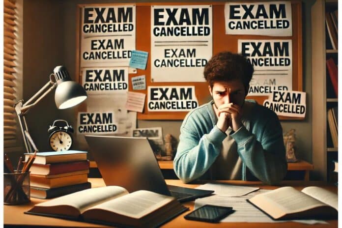 This image represents a student looking distressed, surrounded by books and notes, with 'Exam Cancelled' and 'Protest' posters in the background, capturing the essence of the situation described in the article.