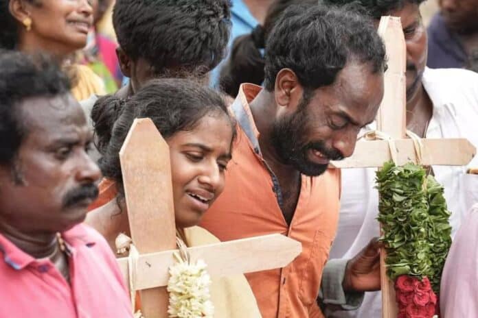 People mourn the deaths of their family members due to the consumption of spurious liquor in Kallakurichi district on June 20, 2024. At least thirty-four people from Kallakurichi district have died in the tragedy