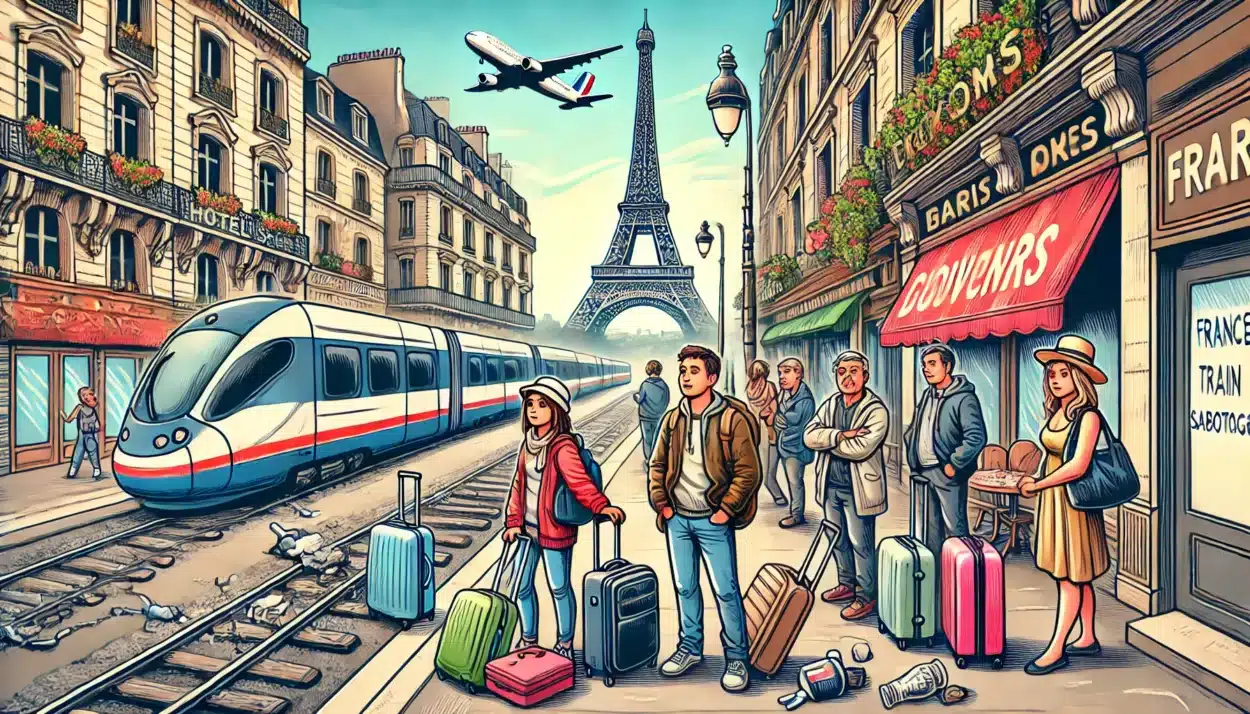 Image illustrating the economic and tourism impact in france due to the train sabotage, with empty hotel lobbies, closed souvenir shops, and deserted cafes, along with frustrated tourists and fewer visitors to iconic landmarks like the eiffel tower.