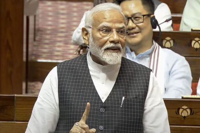 Prime Minister Narendra Modi replies to the Motion of Thanks on the President’s Address in the Rajya Sabha during the ongoing Parliament session, in New Delhi, Wednesday, July 3, 2024. (PTI Photo)