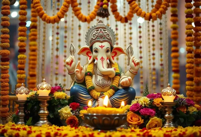 a statue of an Ganpati with flowers around it