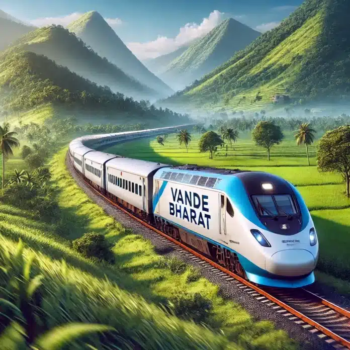 image of the Vande Bharat Express train speeding through a lush, green landscape. The train is sleek and modern