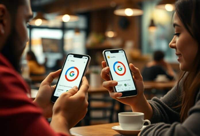 a pair of hands holding cell phones showing Google Pay