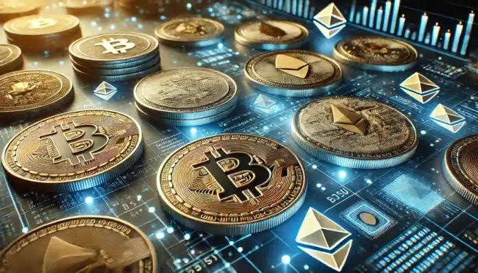 A close-up digital image of cryptocurrency tokens, focusing on Bitcoin, Ethereum, and other altcoins. The tokens are placed over a glowing blockchain