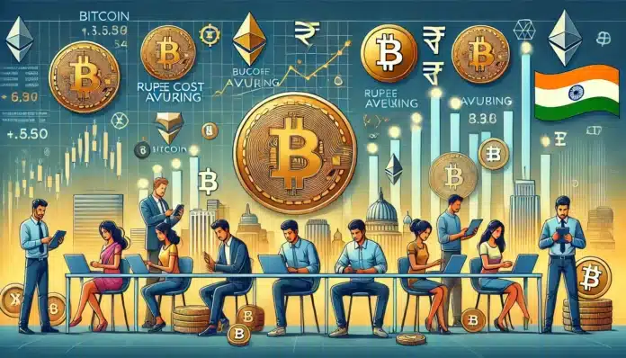 A financial scene illustrating cryptocurrency SIPs gaining traction in India. Show a group of young investors (around the age of 34) using their laptops