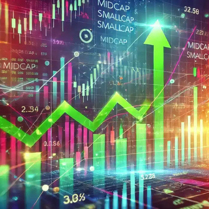 A financial-themed image showing a digital stock market chart with rising green bars and trend lines. The background includes graphs and data points,