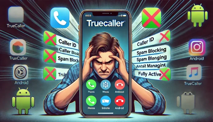 A frustrated iPhone user holding their device, with the Truecaller app on the screen showing limited functionality. The background displays icons