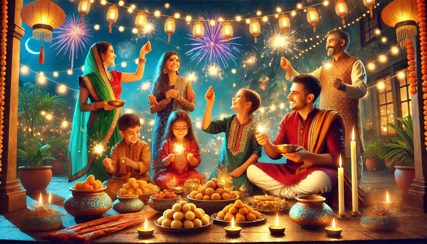 A joyful diwali celebration scene with a family outdoors lighting fireworks and sparklers. The family, dressed in traditional colorful attire,