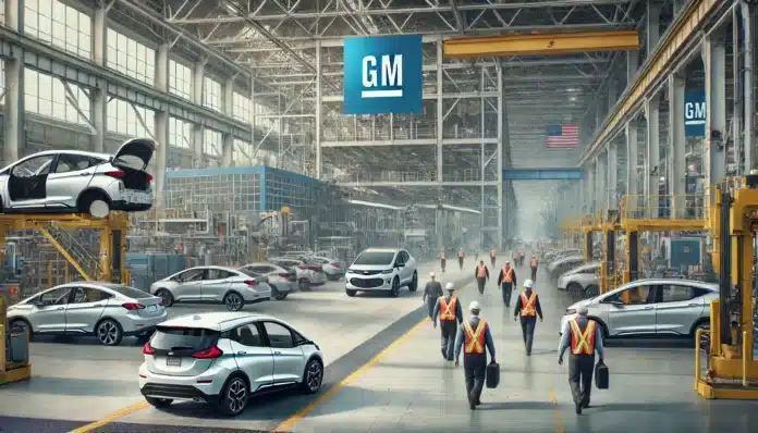 A large automotive assembly plant with a focus on electric vehicle production. In the foreground, there are workers leaving the factory as part of a lay out