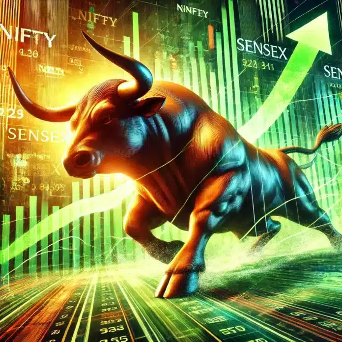 A large, powerful bull charging forward, symbolizing a strong bullish stock market surge. The background features stock charts with upward green lines, Sensex