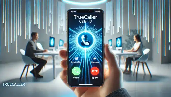 A modern iPhone showing the Truecaller app in action, with real-time caller ID displayed on the screen. The background shows a person holding the phone