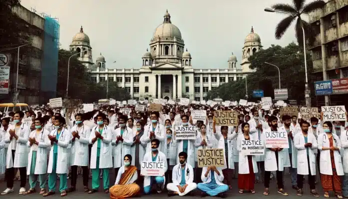 A peaceful yet intense protest scene outside a hospital in Kolkata, with doctors holding placards demanding justice for a murdered intern.