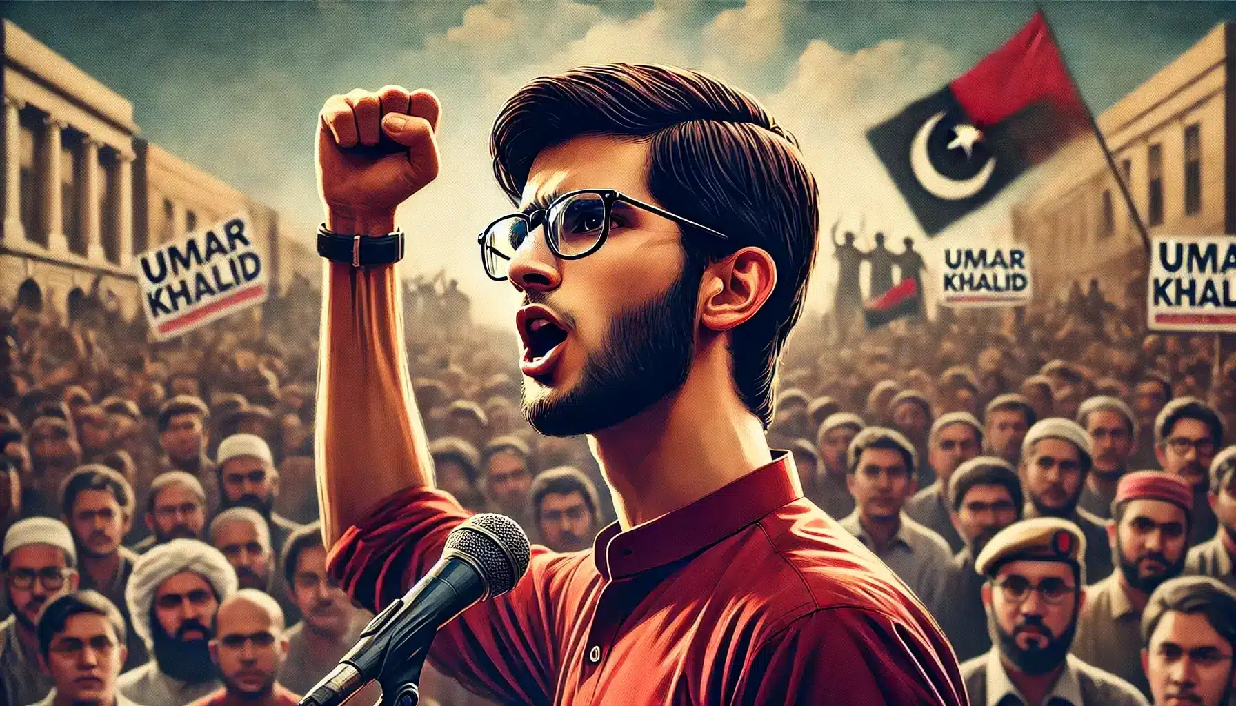 A professional depiction of umar khalid delivering a speech at a rally, wearing glasses and a red shirt, raising his fist passionately in the air.