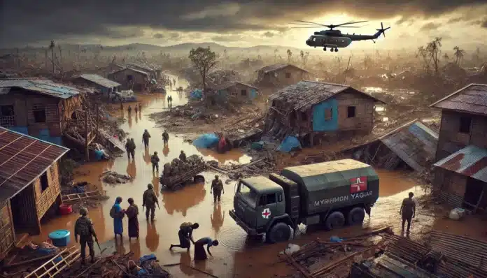 A scene showing the aftermath of Typhoon Yagi in Myanmar. The image captures a devastated landscape with damaged buildings, flooded areas, and debris