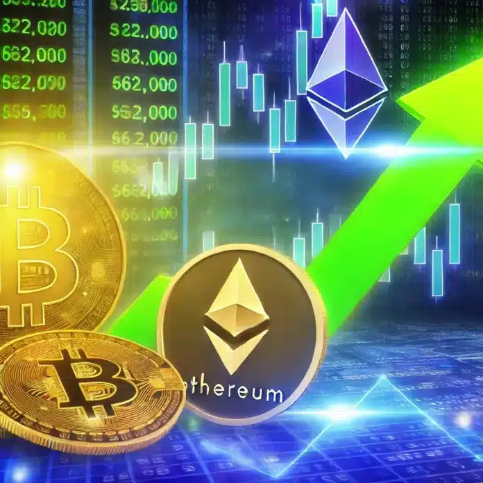 A vibrant cryptocurrency-themed image showing Bitcoin and Ethereum symbols alongside rising market charts and green trend lines indicating growth.