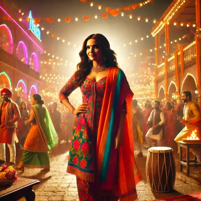 A-vibrant-scene-from-a-Bollywood-movie-featuring-a-confident-woman( DEVYANI BHANSALI 0-dressed-in-colorful-traditional-attire-standing-against-the-backdrop-of-a-lively