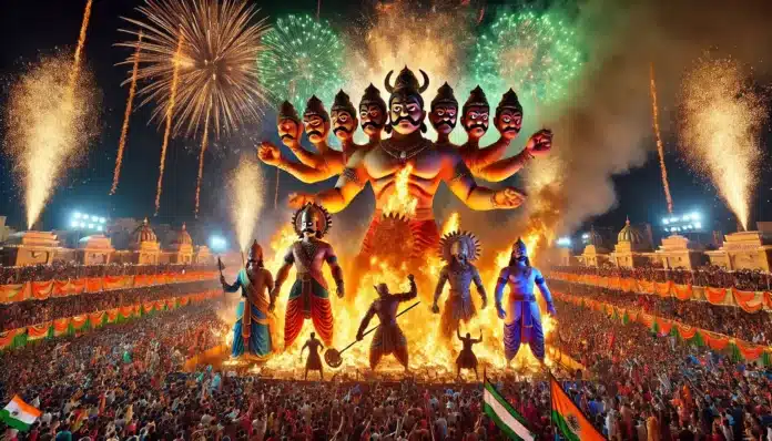 A wide Dussehra festival scene showing the effigies of Ravana, Meghnath, and Kumbhkaran being burned. The massive effigies, made of colorful materials