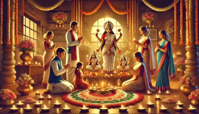 A wide scene depicting a family performing Lakshmi Puja during Diwali. The family, dressed in traditional Indian attire, is gathered around a beautiful Lakmi Goddes