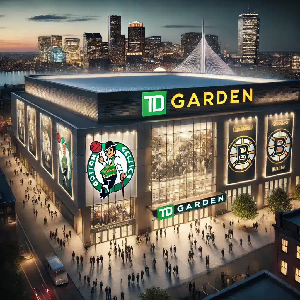 An iconic view of td garden in boston, showcasing the stadium exterior in the evening. The building is illuminated with lights highlighting its modern