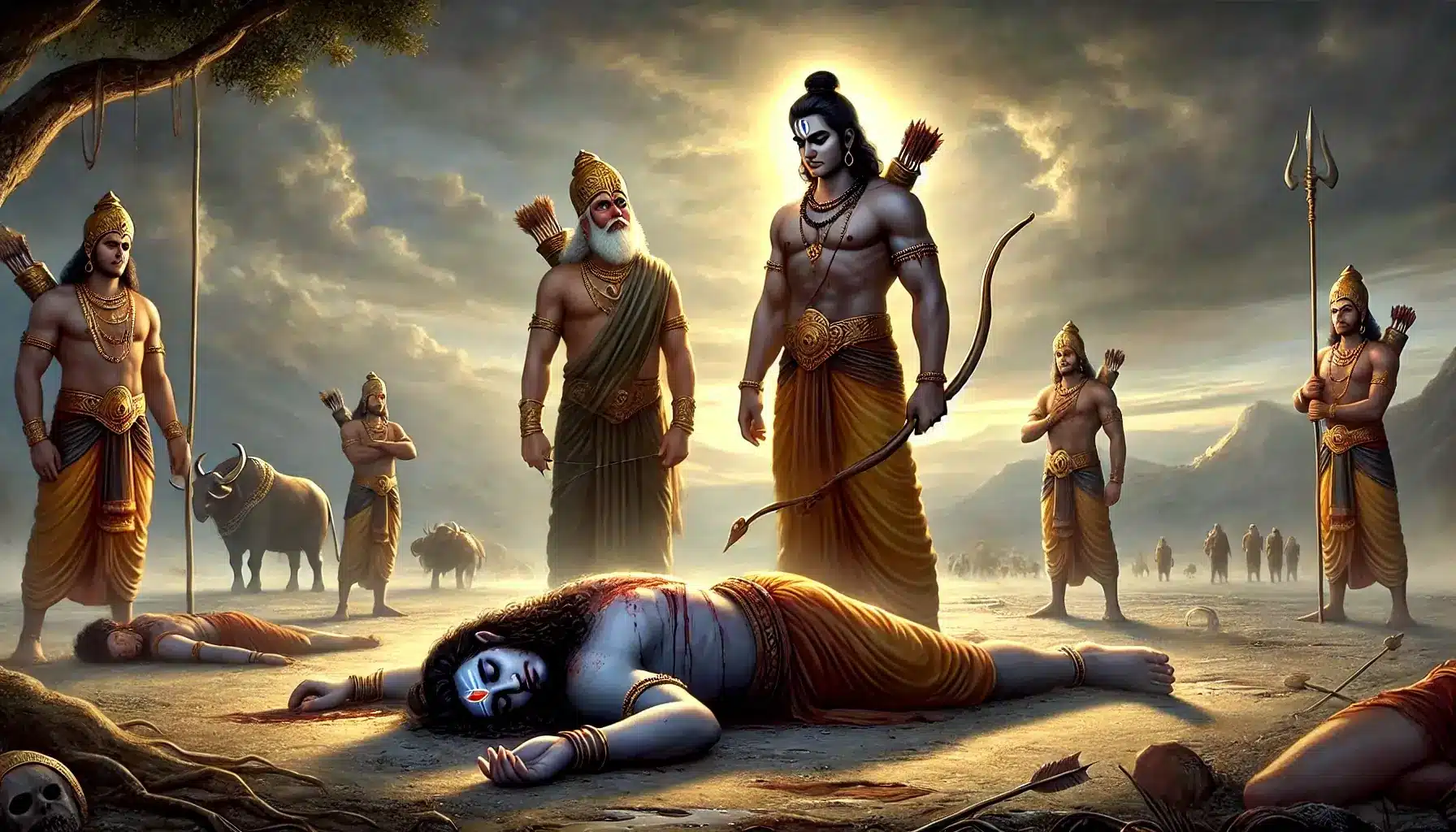 Lord rama standing solemnly beside the fallen ravana, who lies dead on the battlefield. Rama is joined by la