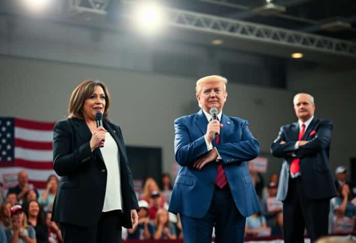 Donal Trump and Kamala Harris holding Mic at debate