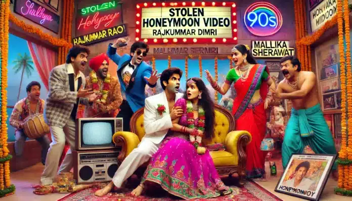 lively and colorful movie scene from the 1990s, featuring Rajkummar Rao and Triptii Dimri as newlyweds, involved in a comedic and chaotic situation.