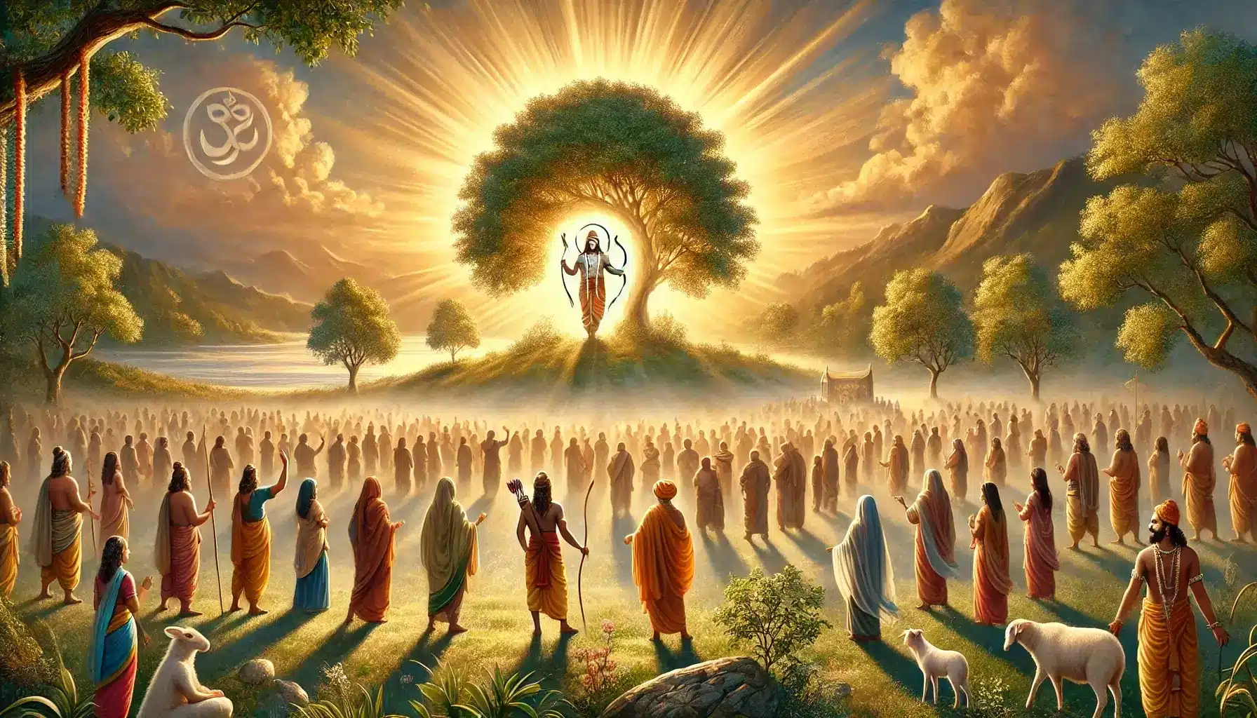 Scene representing the triumph of goodness and virtue. A radiant light shines over a peaceful landscape, where a large tree symbolizes goodness prevails