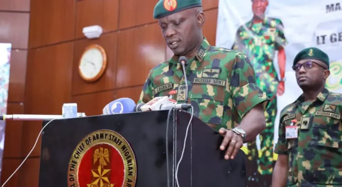 The Chief of Army Staff, Lt-Gen. Taoreed Lagbaja conducting a Confrence