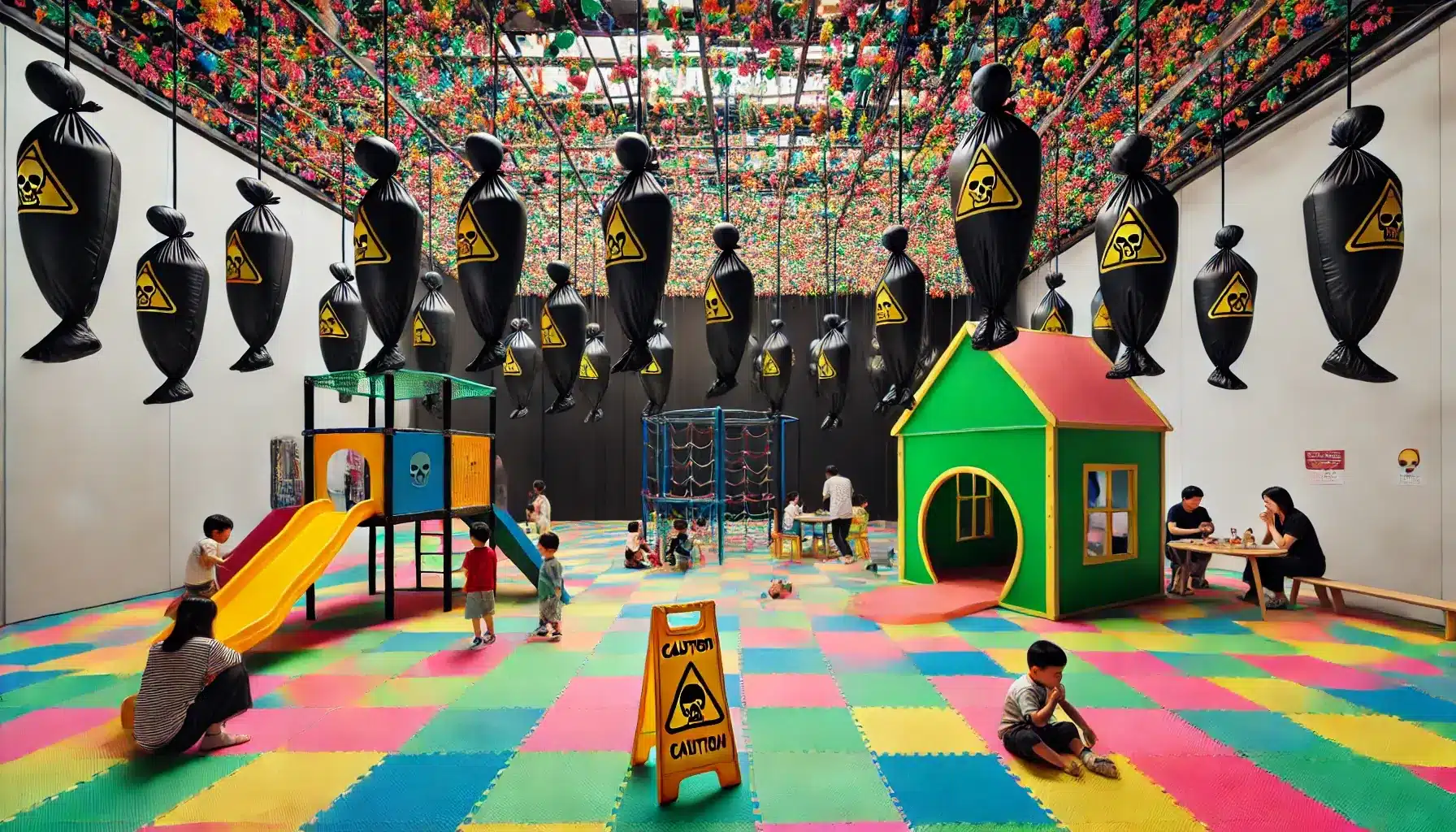 A surreal children's play area with vibrant, colorful foam floor tiles in shades of green, yellow, pink, and blue. The room features a playhouse with body bags