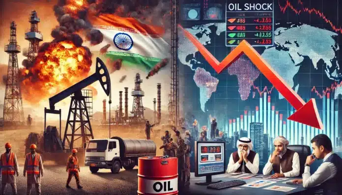 A wide image illustrating the global oil shock on Indian markets due to an Israeli strike on Iran. On the left, show oil rigs in the Middle East