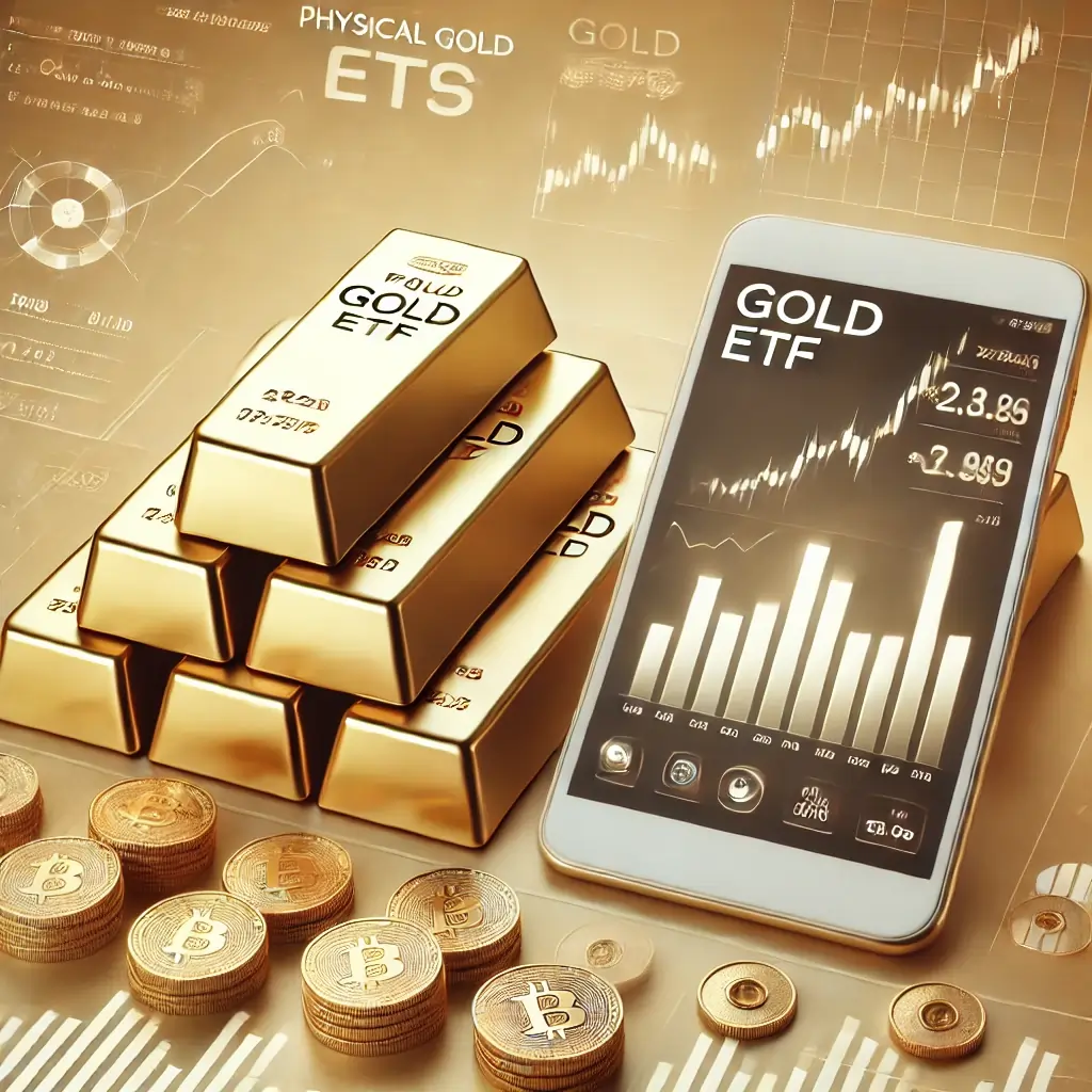 A professional and clean financial illustration comparing physical gold and gold etfs. On one side, gold bars and coins stacked neatly to represent