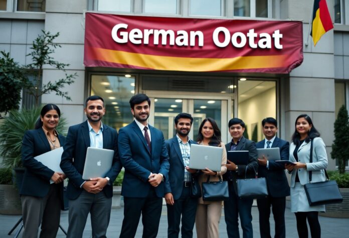 Few Professionals standing with Laptop- Germany Visa