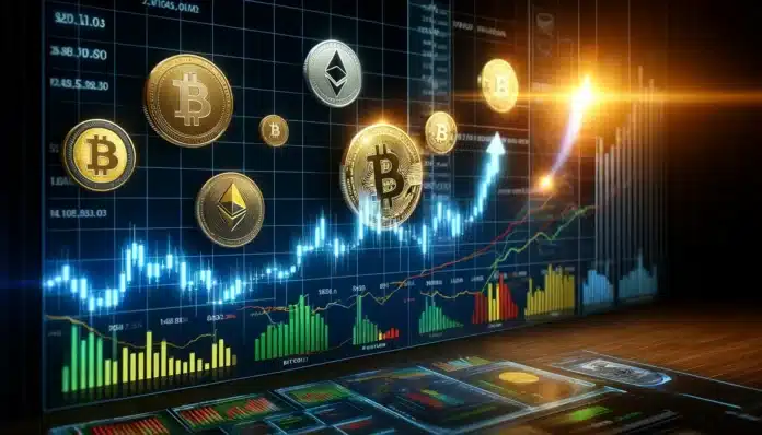 image capturing the dynamic cryptocurrency market, showcasing an upward trending Bitcoin price chart approaching an all-time high