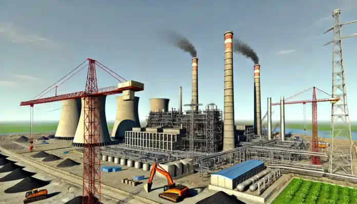 image showing a large coal power plant under construction in India, with multiple smokestacks and infrastructure representation