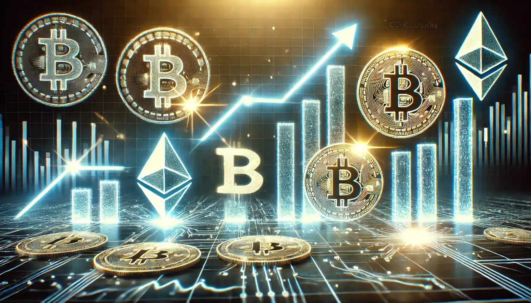 Image symbolizing the conclusion of an article on cryptocurrency growth, featuring rising digital symbols of bitcoin, ether